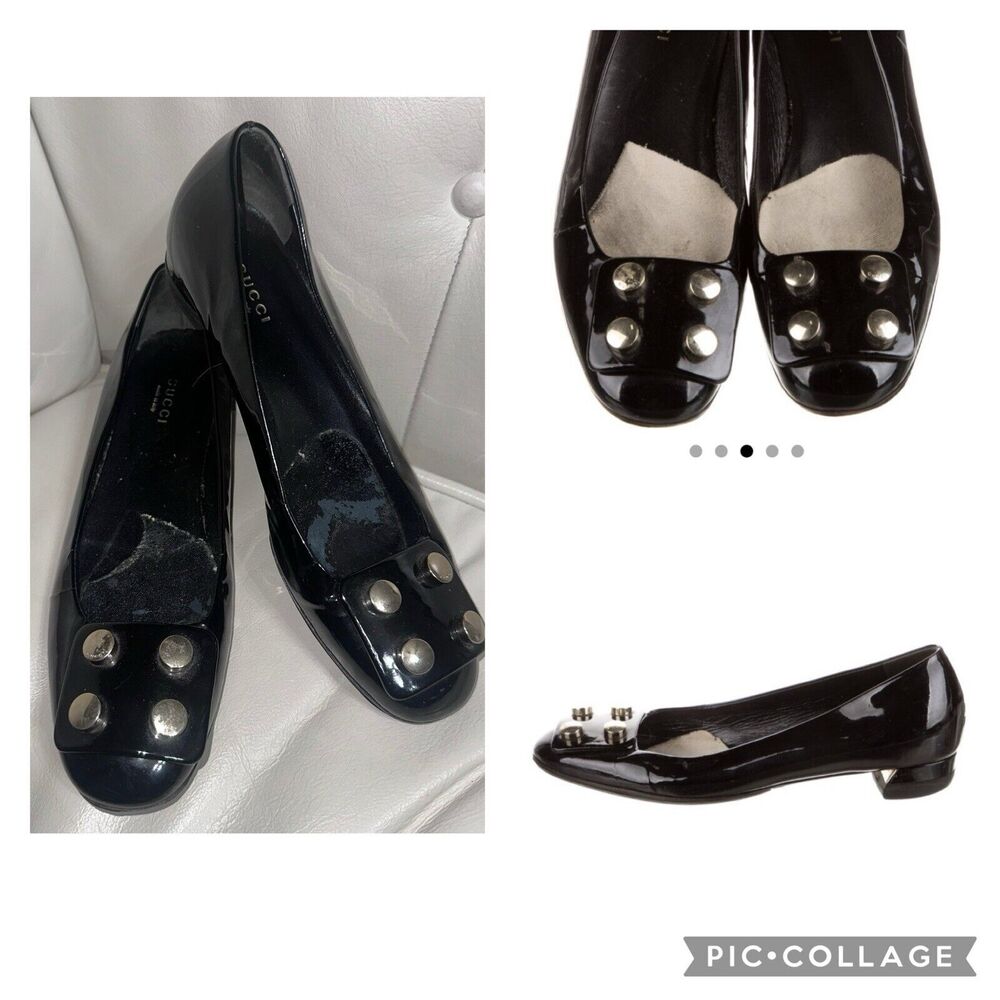 Authentic GUCCI Black Embellished Patent Leather Block Heels Shoes Sz 37 EUC